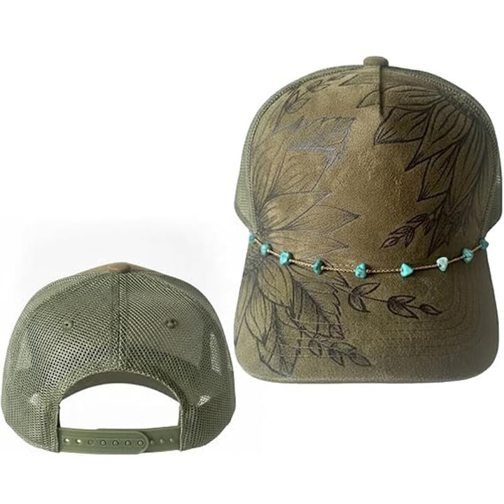 Casquette de baseball style western à motif floral brûlé avec chaîne turquoise - Style n° 2 / Vert - Réglable (21 5/8"-23 5/8") - image 5