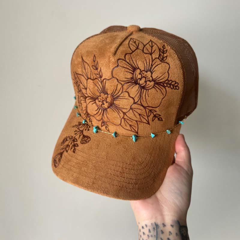 Casquette de baseball style western à motif floral brûlé avec chaîne turquoise - Style n° 3 / Marron - Réglable (21 5/8"-23 5/8") - image 6