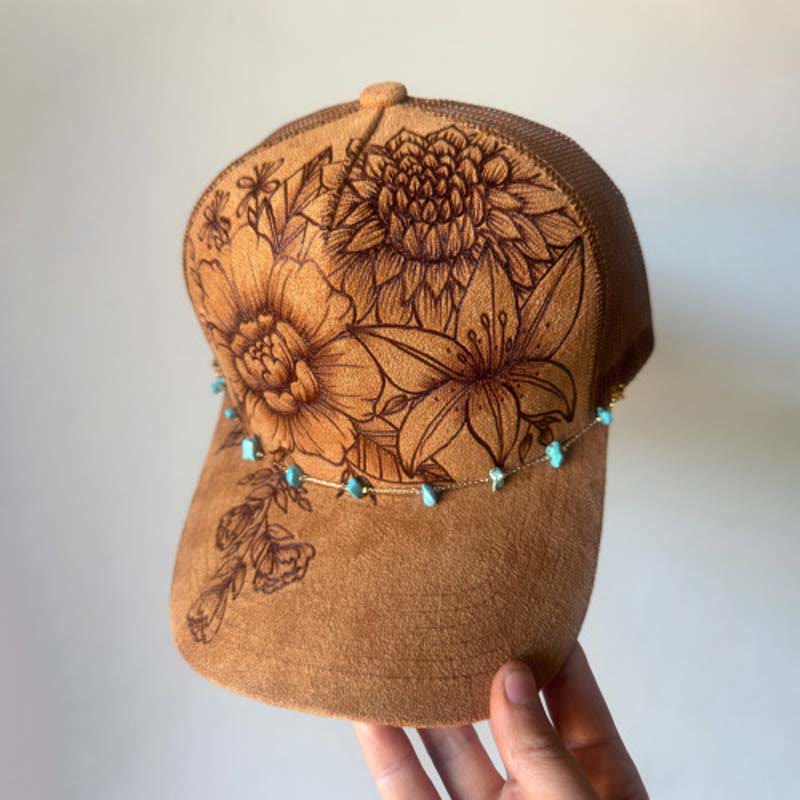 Casquette de baseball style western à motif floral brûlé avec chaîne turquoise - Style n° 1 / Marron - Réglable (21 5/8"-23 5/8") - image 0
