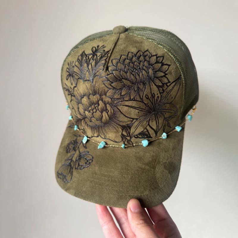 Casquette de baseball style western à motif floral brûlé avec chaîne turquoise - Style n° 1 / Vert - Réglable (21 5/8"-23 5/8") - image 2