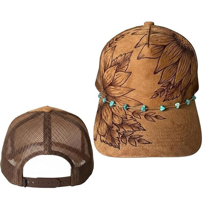 Casquette de baseball style western à motif floral brûlé avec chaîne turquoise - Style n° 2 / Marron - Réglable (21 5/8"-23 5/8") - image 4