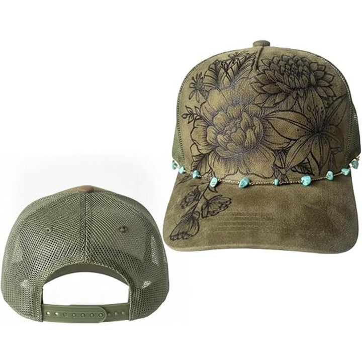 Casquette de baseball style western à motif floral brûlé avec chaîne turquoise - image 3
