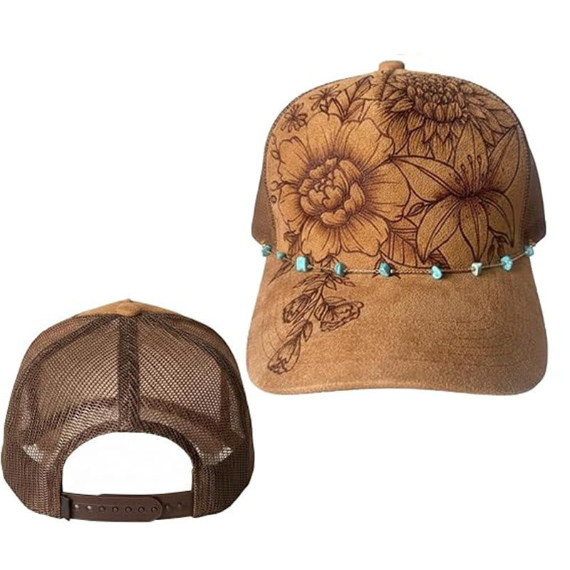Casquette de baseball style western à motif floral brûlé avec chaîne turquoise - image 1