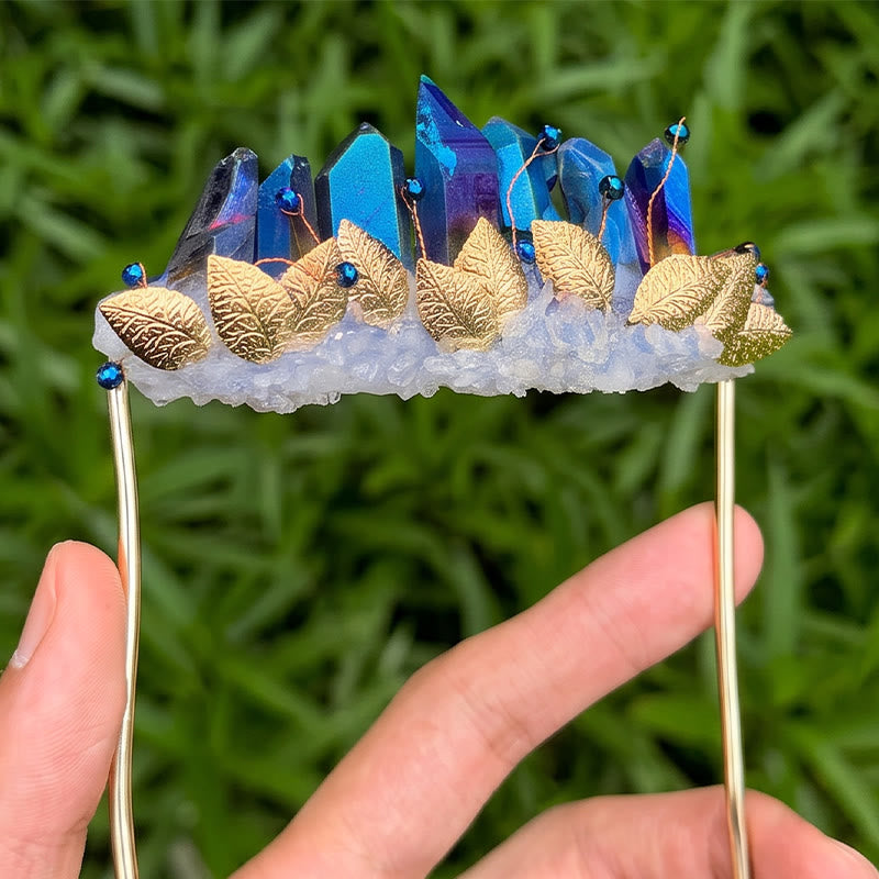 Broche de pochette en cristal naturel fait main - Bleu et or - image 3