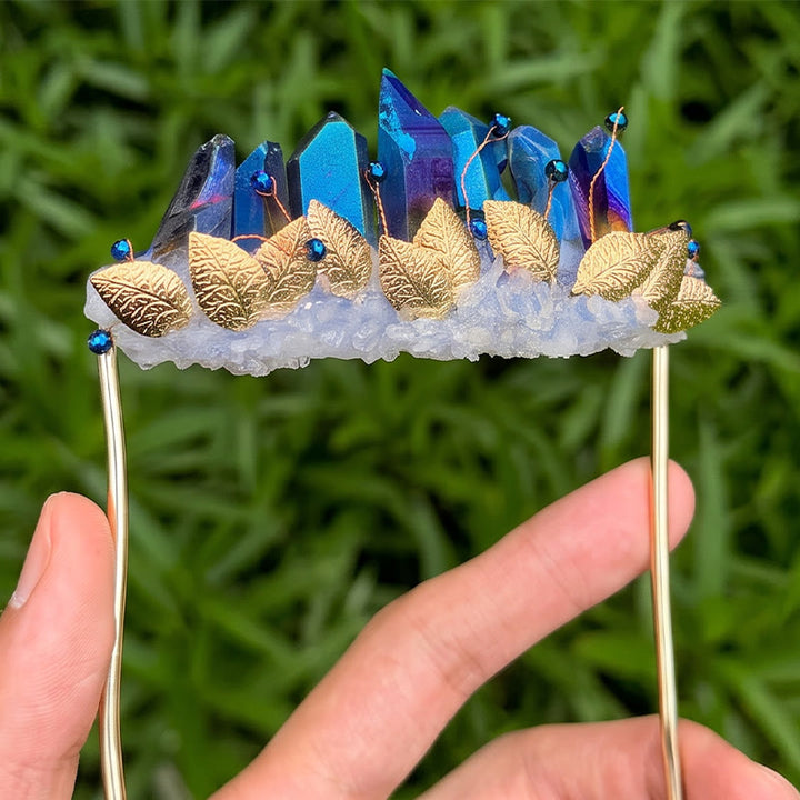 Broche de pochette en cristal naturel fait main - Bleu et or - image 3