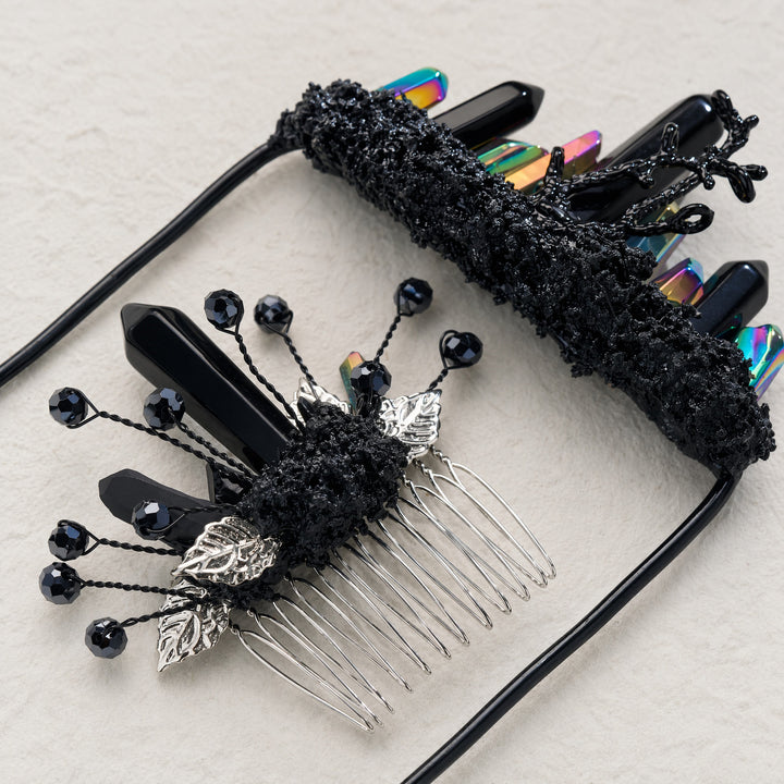 Boutonnière de poche artisanale pour le marié et peigne à cheveux en cristal pour la mariée (ensemble) - Noir et multicolore - image 14