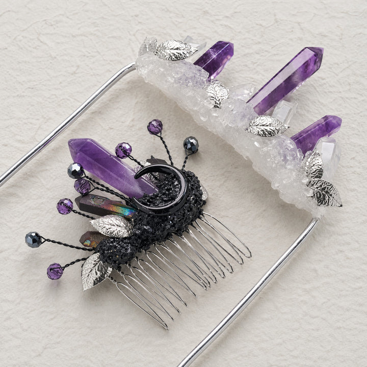 Boutonnière de poche artisanale pour le marié et peigne à cheveux en cristal pour la mariée (ensemble) - Violet foncé - image 12