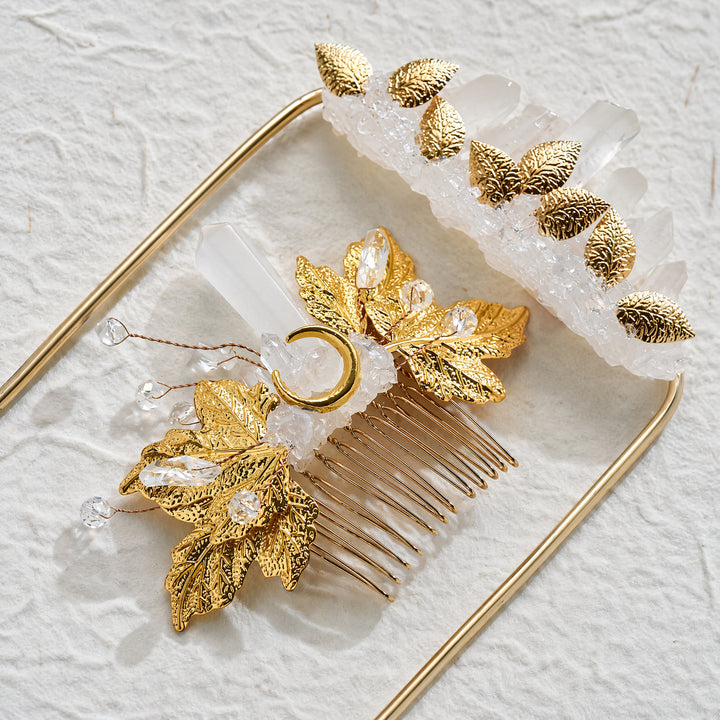 Boutonnière de poche artisanale pour le marié et peigne à cheveux en cristal pour la mariée (ensemble) - Blanc et or - image 6