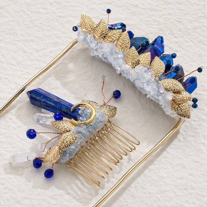 Boutonnière de poche artisanale pour le marié et peigne à cheveux en cristal pour la mariée (ensemble) - Bleu et or - image 4