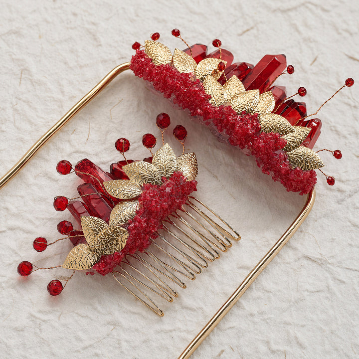 Boutonnière de poche artisanale pour le marié et peigne à cheveux en cristal pour la mariée (ensemble) - Rouge et or - image 8