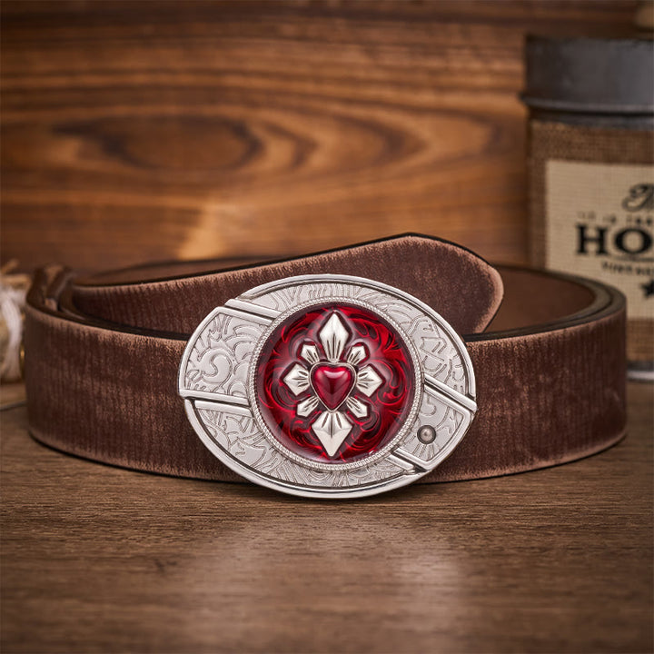 Ceinture en cuir avec boucle de couteau pliant caché à faire soi-même, motif cœur cramoisi gothique - Cœur Cramoisi - Ceinture marron vieillie - 42 - image 5