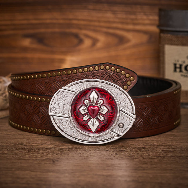 Ceinture en cuir avec boucle de couteau pliant caché à faire soi-même, motif cœur cramoisi gothique - Cœur Cramoisi - Ceinture à rivets marron - 42 - image 4