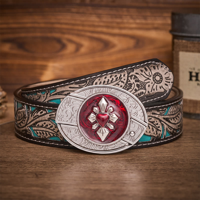Ceinture en cuir avec boucle de couteau pliant caché à faire soi-même, motif cœur cramoisi gothique - Cœur Cramoisi - Ceinture à fleurs grises - 42 - image 8