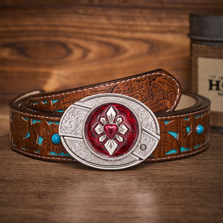 Ceinture en cuir avec boucle de couteau pliant caché à faire soi-même, motif cœur cramoisi gothique - Cœur Cramoisi - Ceinture turquoise sculptée - 42 - image 3