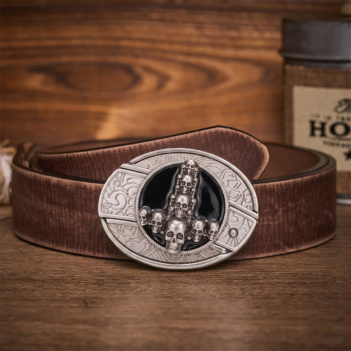 Ceinture en cuir avec boucle de couteau pliant caché, motif crâne et croix, style sombre et luxueux - Croix de crâne - Ceinture marron vieillie - 42 - image 5
