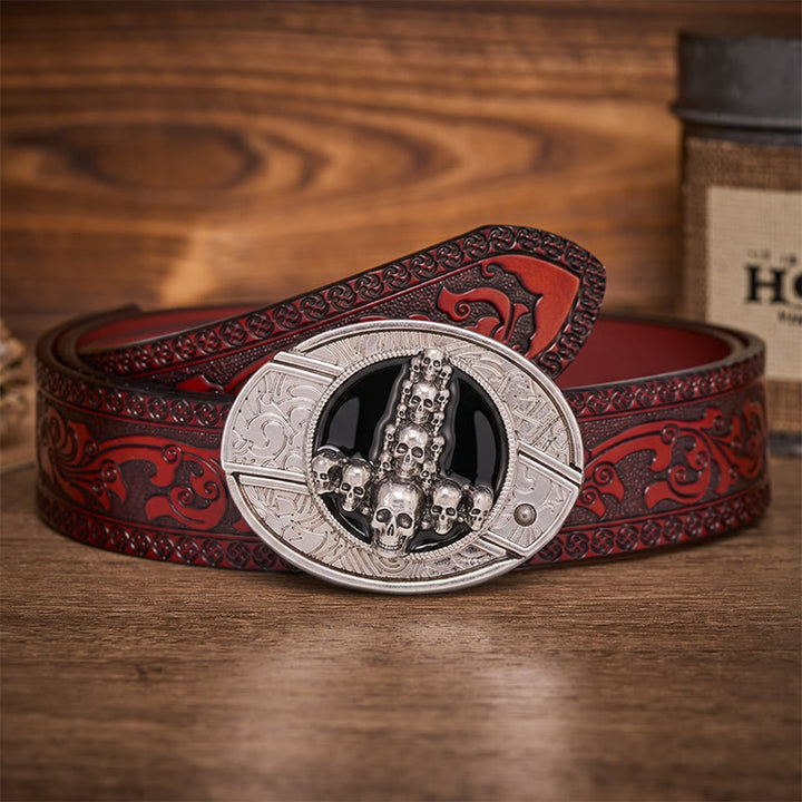 Ceinture en cuir avec boucle de couteau pliant caché, motif crâne et croix, style sombre et luxueux - Croix de crâne - Ceinture sculptée marron - 42 - image 6