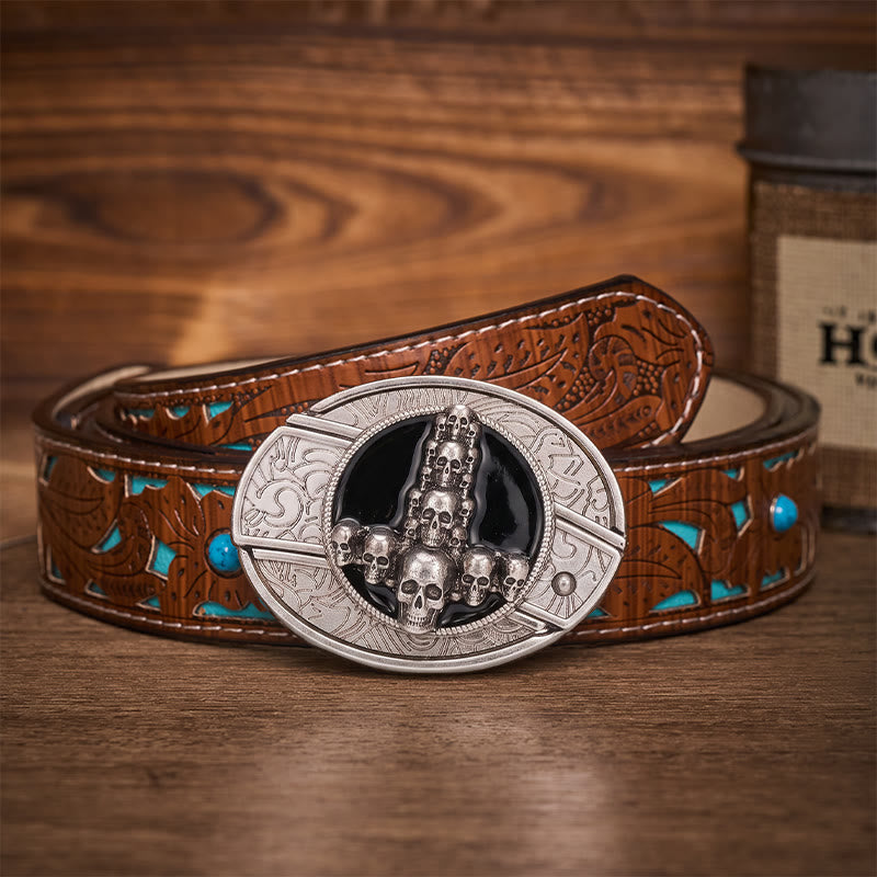 Ceinture en cuir avec boucle de couteau pliant caché, motif crâne et croix, style sombre et luxueux - Croix de crâne - Ceinture turquoise sculptée - 42 - image 3