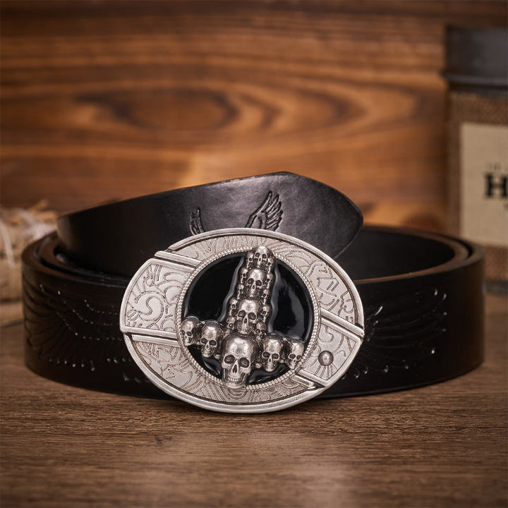 Ceinture en cuir avec boucle de couteau pliant caché, motif crâne et croix, style sombre et luxueux - Croix de crâne - Ceinture noire à motif aigle en relief - 42 - image 2