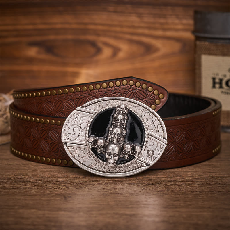 Ceinture en cuir avec boucle de couteau pliant caché, motif crâne et croix, style sombre et luxueux - Croix de crâne - Ceinture à rivets marron - 42 - image 4