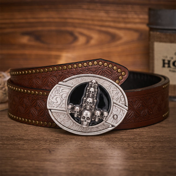 Ceinture en cuir avec boucle de couteau pliant caché, motif crâne et croix, style sombre et luxueux - Croix de crâne - Ceinture à rivets marron - 42 - image 4