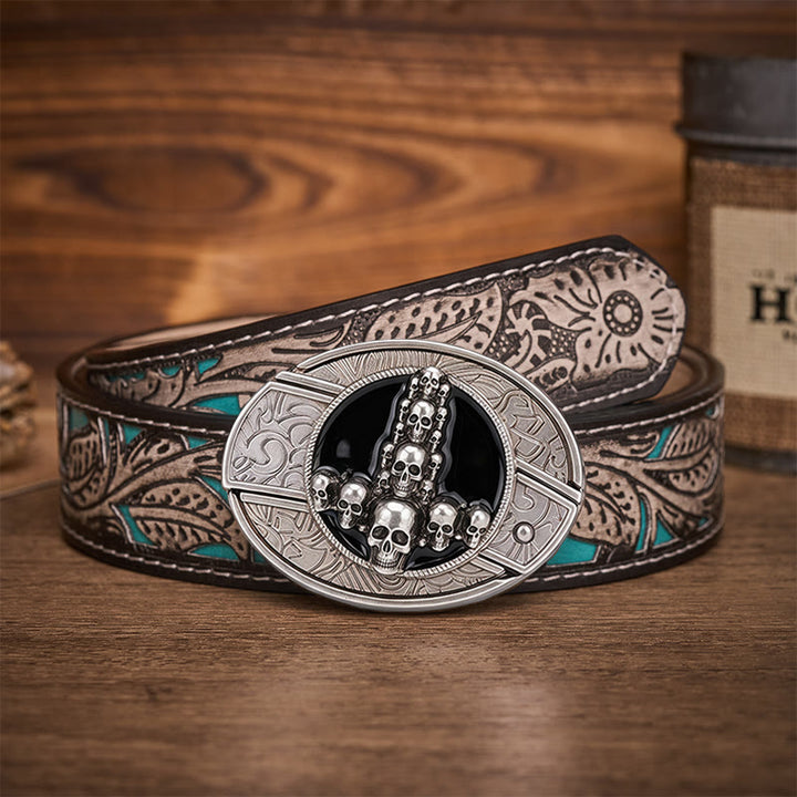 Ceinture en cuir avec boucle de couteau pliant caché, motif crâne et croix, style sombre et luxueux - Croix de crâne - Ceinture à fleurs grises - 42 - image 8