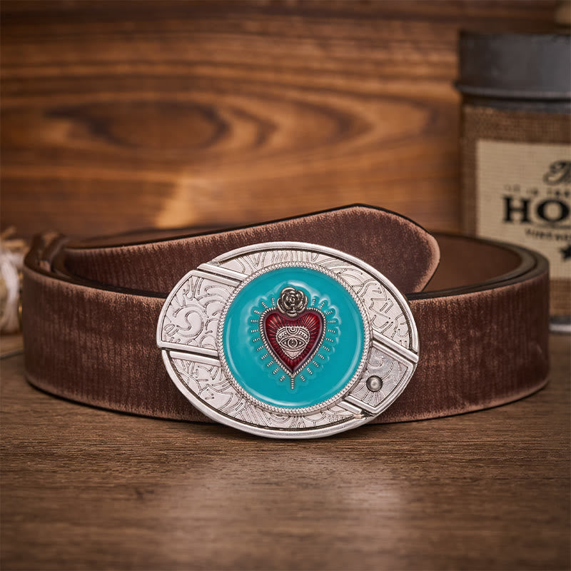 Ceinture en cuir avec boucle de couteau pliant dissimulée en émail turquoise rose et œil protecteur - Turquoise Evil Eye - Ceinture marron vieillie - 42 - image 5