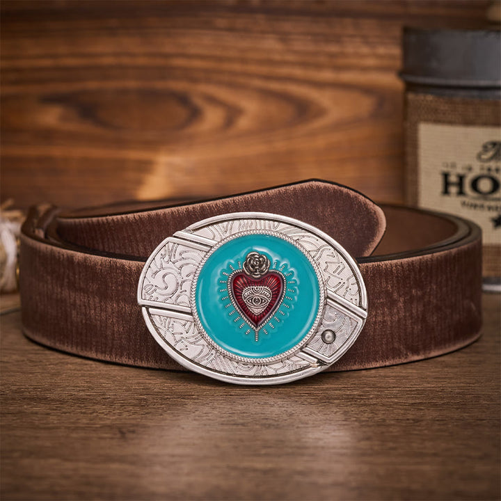 Ceinture en cuir avec boucle de couteau pliant dissimulée en émail turquoise rose et œil protecteur - Turquoise Evil Eye - Ceinture marron vieillie - 42 - image 5
