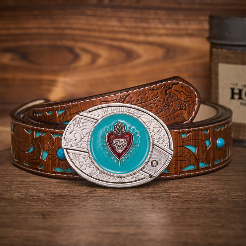 Ceinture en cuir avec boucle de couteau pliant dissimulée en émail turquoise rose et œil protecteur - Turquoise Evil Eye - Ceinture turquoise sculptée - 42 - image 3
