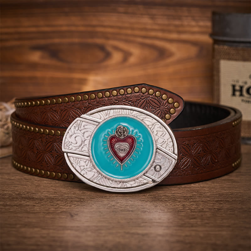 Ceinture en cuir avec boucle de couteau pliant dissimulée en émail turquoise rose et œil protecteur - Turquoise Evil Eye - Ceinture à rivets marron - 42 - image 4