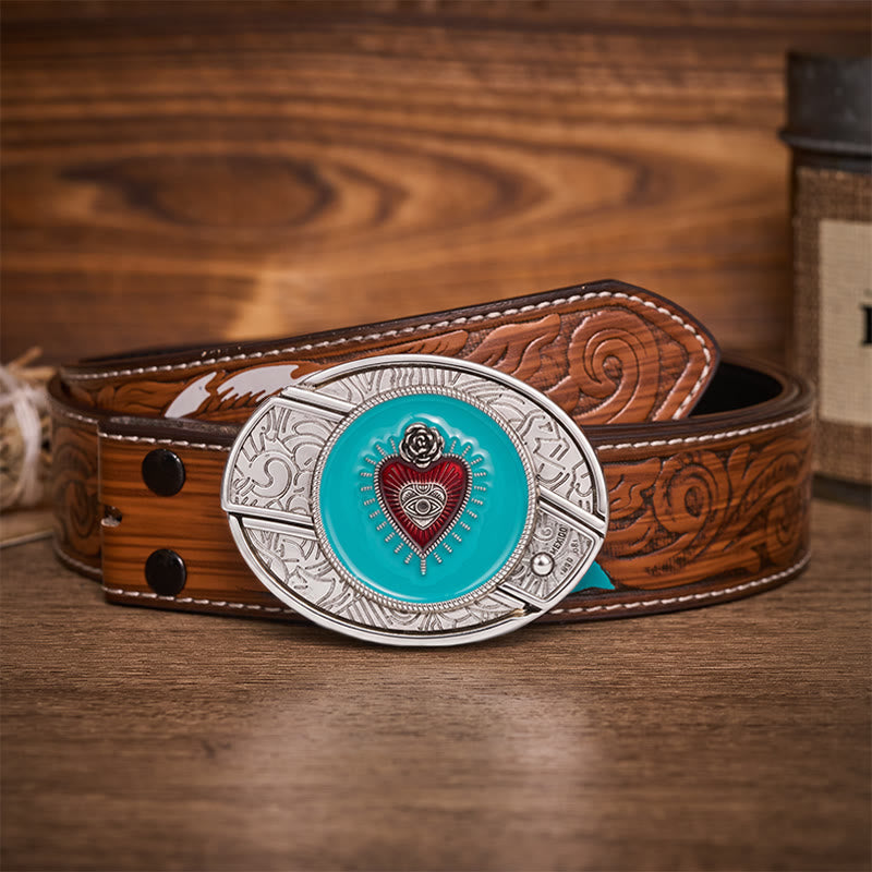 Ceinture en cuir avec boucle de couteau pliant dissimulée en émail turquoise rose et œil protecteur - Turquoise Evil Eye - Ceinture de plumes brunes - 40 - image 7