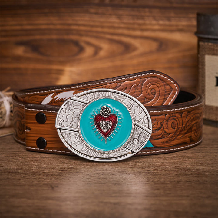 Ceinture en cuir avec boucle de couteau pliant dissimulée en émail turquoise rose et œil protecteur - Turquoise Evil Eye - Ceinture de plumes brunes - 40 - image 7