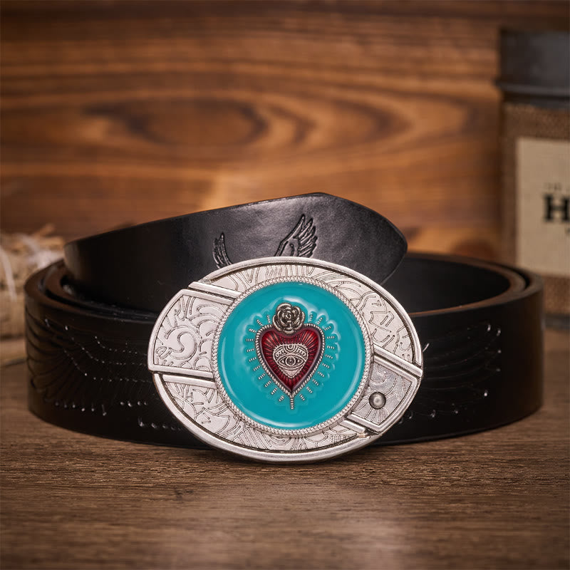Ceinture en cuir avec boucle de couteau pliant dissimulée en émail turquoise rose et œil protecteur - Turquoise Evil Eye - Ceinture noire à motif aigle en relief - 42 - image 2