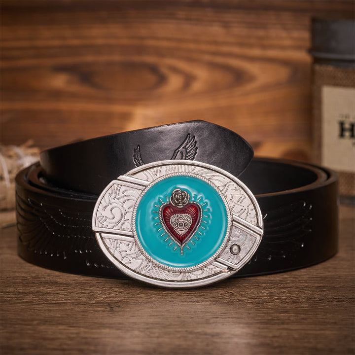 Ceinture en cuir avec boucle de couteau pliant dissimulée en émail turquoise rose et œil protecteur - Turquoise Evil Eye - Ceinture noire à motif aigle en relief - 42 - image 2