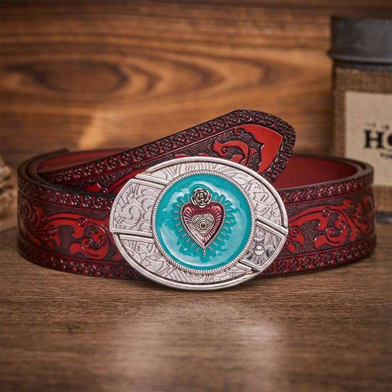 Ceinture en cuir avec boucle de couteau pliant dissimulée en émail turquoise rose et œil protecteur - Turquoise Evil Eye - Ceinture sculptée marron - 42 - image 6
