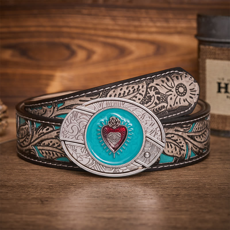 Ceinture en cuir avec boucle de couteau pliant dissimulée en émail turquoise rose et œil protecteur - Turquoise Evil Eye - Ceinture à fleurs grises - 42 - image 8