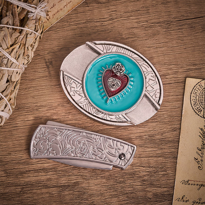 Ceinture en cuir avec boucle de couteau pliant dissimulée en émail turquoise rose et œil protecteur - image 9