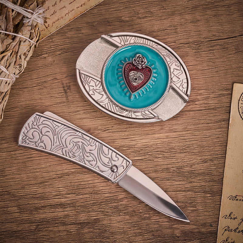 Ceinture en cuir avec boucle de couteau pliant dissimulée en émail turquoise rose et œil protecteur - image 1