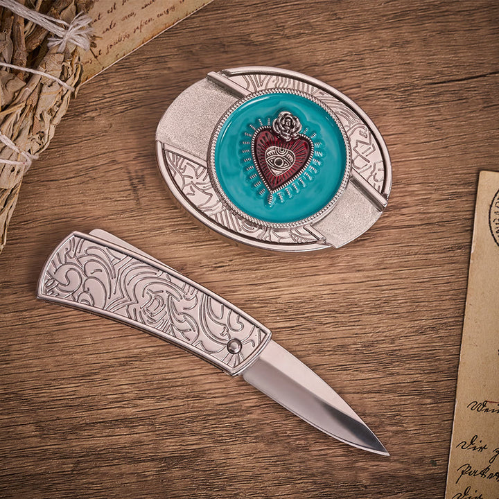 Ceinture en cuir avec boucle de couteau pliant dissimulée en émail turquoise rose et œil protecteur - image 1