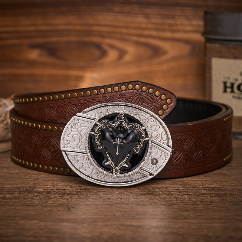 Ceinture en cuir avec boucle de couteau pliant caché Dark Vow Black Heart - Cœur Noir - Ceinture à rivets marron - 42 - image 4