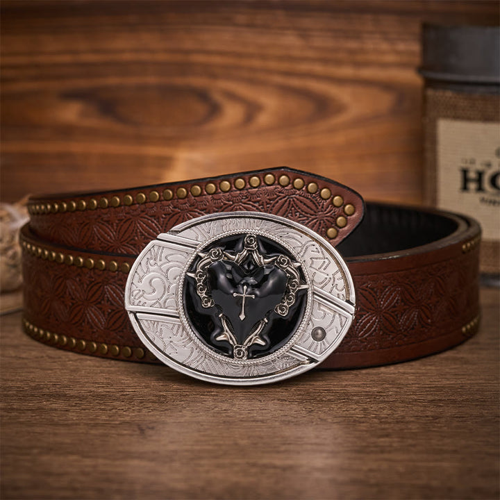 Ceinture en cuir avec boucle de couteau pliant caché Dark Vow Black Heart - Cœur Noir - Ceinture à rivets marron - 42 - image 4