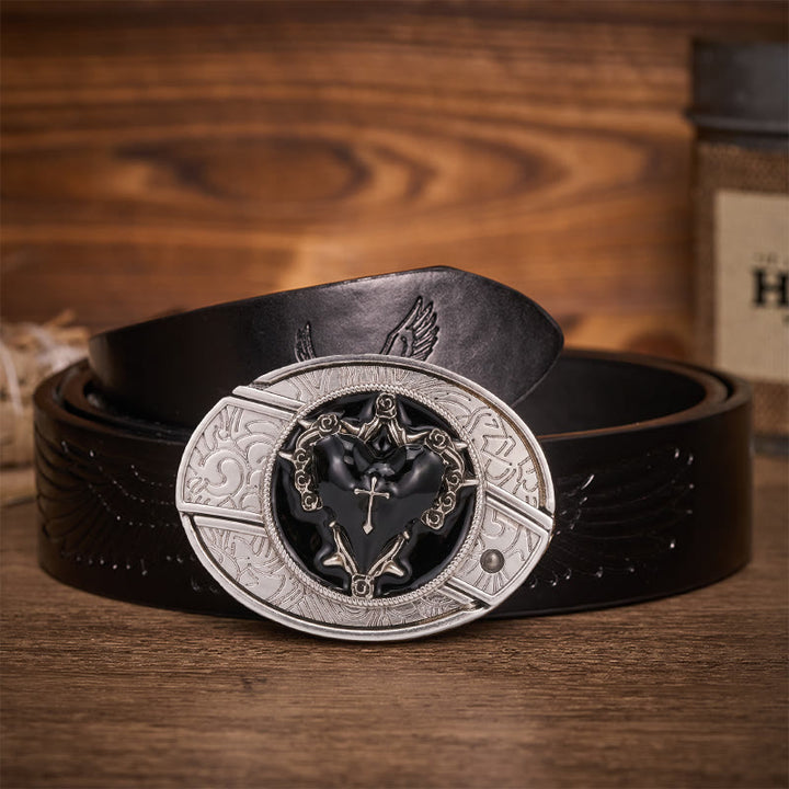 Ceinture en cuir avec boucle de couteau pliant caché Dark Vow Black Heart - Cœur Noir - Ceinture noire à motif aigle en relief - 42 - image 2