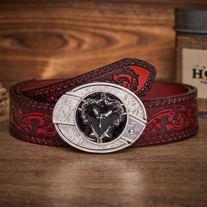 Ceinture en cuir avec boucle de couteau pliant caché Dark Vow Black Heart - Cœur Noir - Ceinture sculptée marron - 42 - image 6
