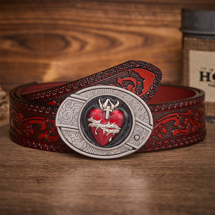 Ceinture en cuir avec boucle de couteau pliant dissimulée représentant le Sacré-Cœur saignant et orné d'épines - Cœur Sacré Saignant - Ceinture sculptée marron - 42 - image 6