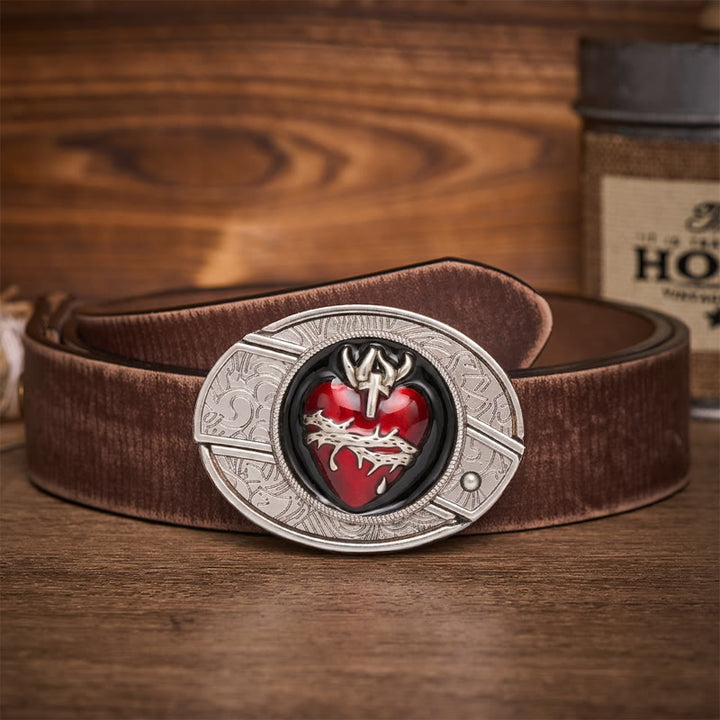 Ceinture en cuir avec boucle de couteau pliant dissimulée représentant le Sacré-Cœur saignant et orné d'épines - Cœur Sacré Saignant - Ceinture marron vieillie - 42 - image 5