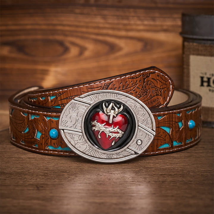 Ceinture en cuir avec boucle de couteau pliant dissimulée représentant le Sacré-Cœur saignant et orné d'épines - Cœur Sacré Saignant - Ceinture turquoise sculptée - 42 - image 3