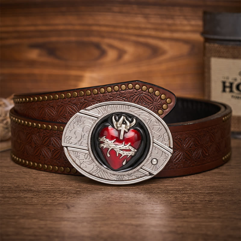Ceinture en cuir avec boucle de couteau pliant dissimulée représentant le Sacré-Cœur saignant et orné d'épines - Cœur Sacré Saignant - Ceinture à rivets marron - 42 - image 4
