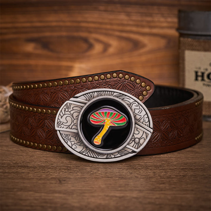 Ceinture en cuir avec boucle de couteau pliant dissimulant un champignon psychédélique arc-en-ciel - Champignon arc-en-ciel - Ceinture à rivets marron - 42 - image 4