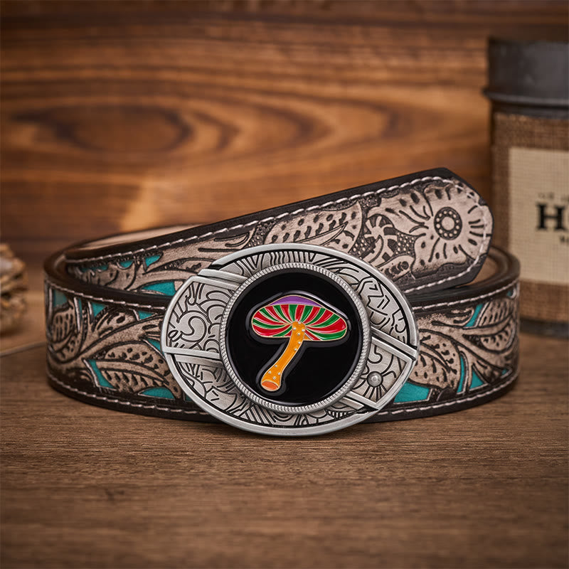 Ceinture en cuir avec boucle de couteau pliant dissimulant un champignon psychédélique arc-en-ciel - Champignon arc-en-ciel - Ceinture à fleurs grises - 42 - image 8