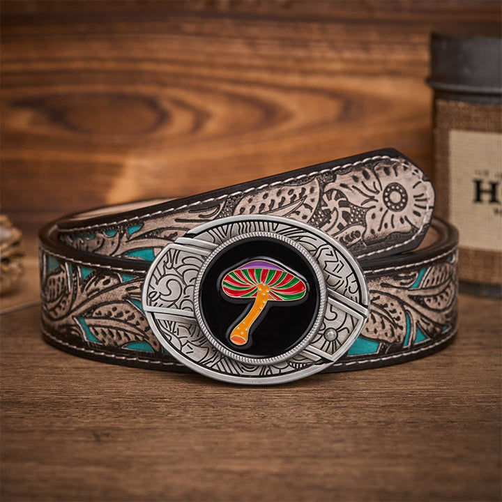 Ceinture en cuir avec boucle de couteau pliant dissimulant un champignon psychédélique arc-en-ciel - Champignon arc-en-ciel - Ceinture à fleurs grises - 42 - image 8