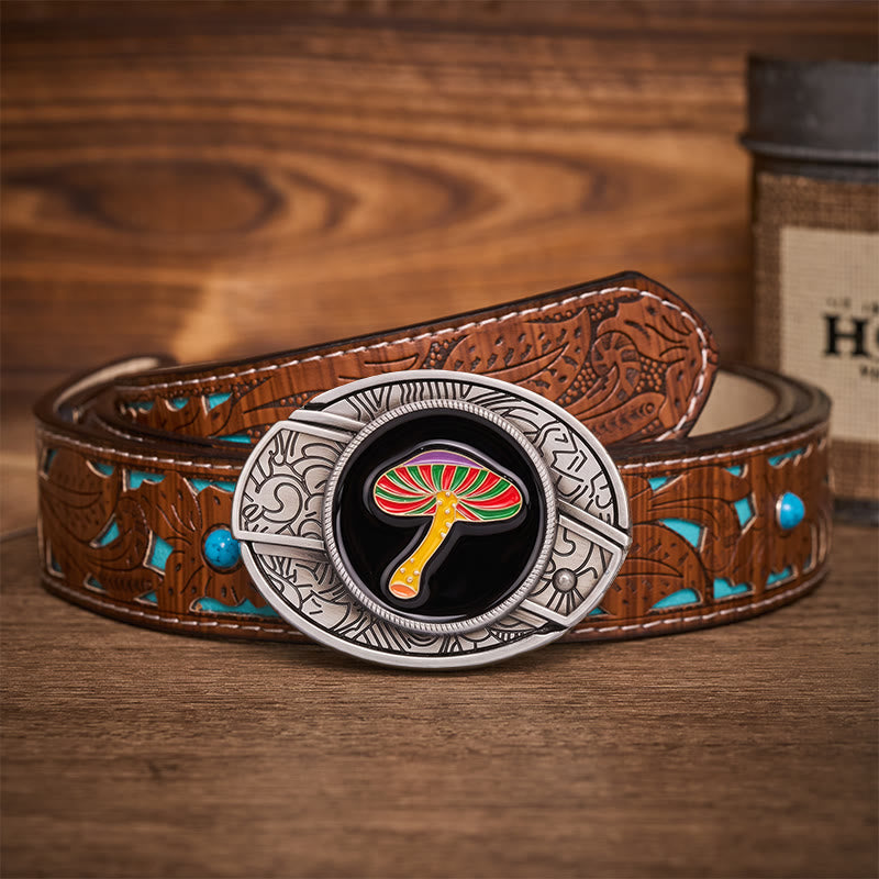 Ceinture en cuir avec boucle de couteau pliant dissimulant un champignon psychédélique arc-en-ciel - Champignon arc-en-ciel - Ceinture turquoise sculptée - 42 - image 3